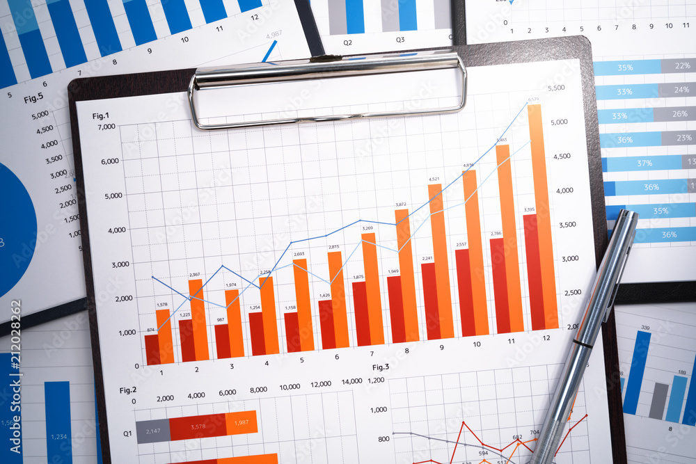 Poster Growth charts and graphs. Pile of business reports. Gathering and analyzing statistical data.
