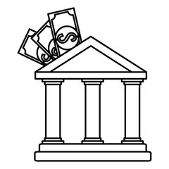 bank building with bills vector illustration design