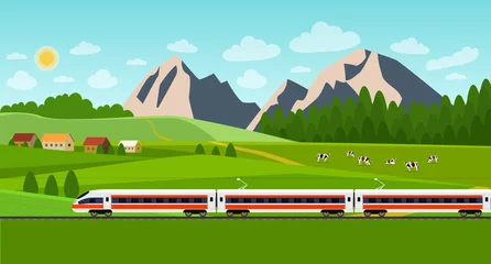 Fototapeten Zug auf der Bahn. Sommerlandschaft mit Dorf und Kuhherde auf dem Feld. Vektorgrafik im flachen Stil © lyudinka