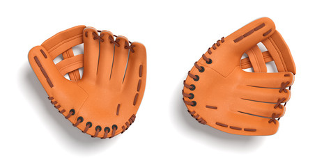 3d rendering of two left handed orange baseball gloves lying on a white background in a top view.