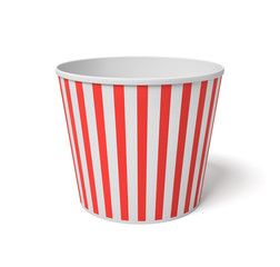 3d rendering of a large popcorn bucket with red and white stripes standing completely empty on a white background.