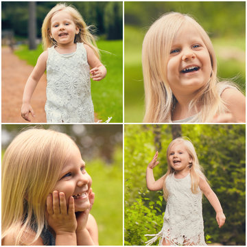 Collage of collection photos of little happy girl in park at summer