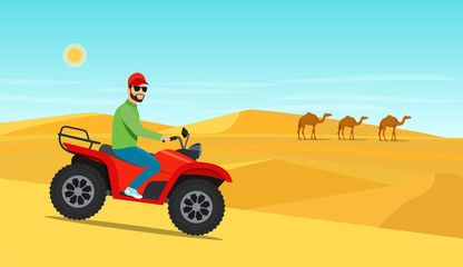 Young man riding on the ATV motorcycle in desert. Vector flat style illustration © lyudinka