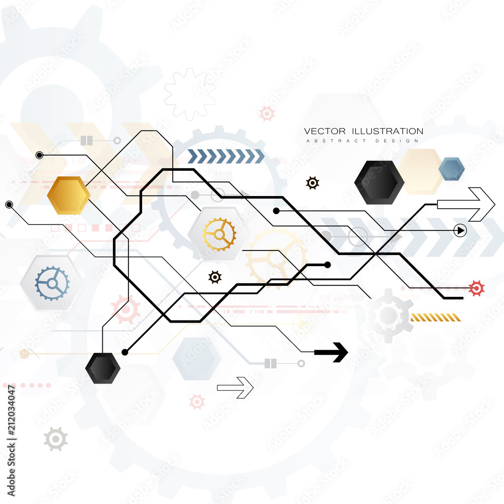 Poster technology gear wheel colorful circuit board engineering various elements design tech on light backg
