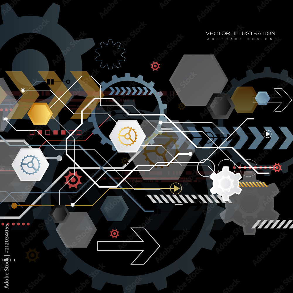 Poster digital technology design gear wheel colorful circuit board engineering various elements space for c