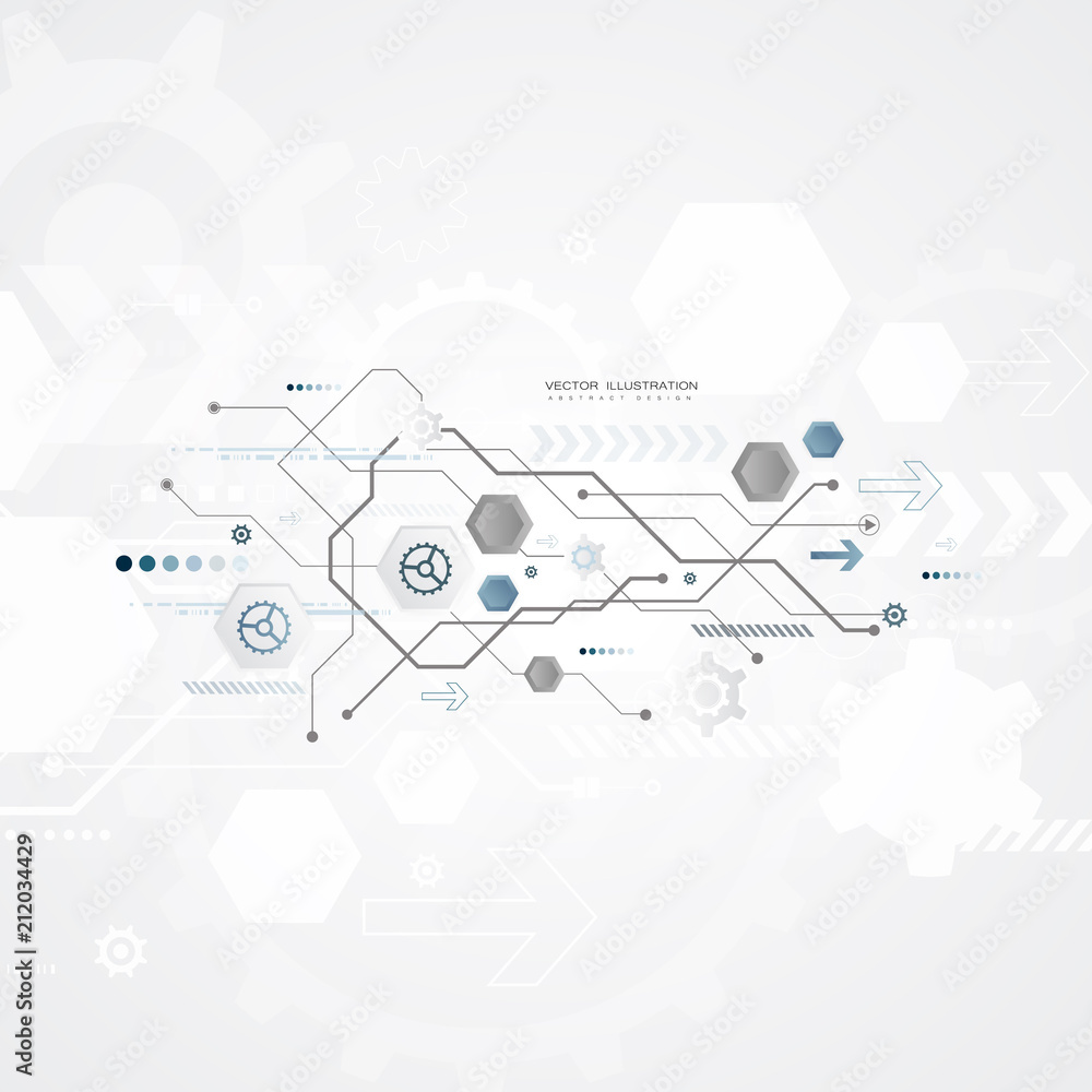 Poster digital technology design blue gear wheel engineering various elements for content network business 