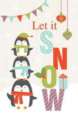 let it snow greeting card with cute penguins