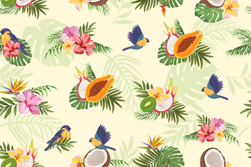 Obraz premium seamless pattern with birds, tropical plants and fruits