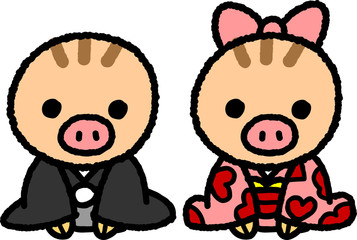 亥年の年賀状素材＿新年のあいさつをする猪_子供