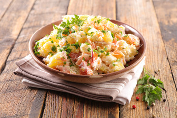 potato salad with salmon and sauce