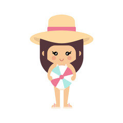 cartoon summer girl in a swimsuit and hat with summer ball