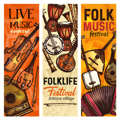 Naklejka premium Musical instrument banner of folk music festival
