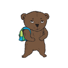 Brown bear with school bag on shoulders, hand drawn doodle, sketch, vector color illustration