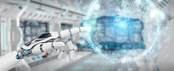 White humanoid hand using globe network hologram with Europe map 3D rendering