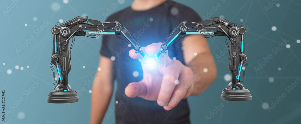 Poster businessman using robotics arms with digital screen 3d rendering