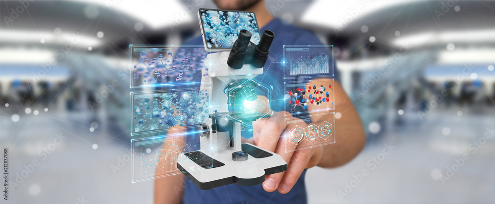 Aufkleber Businessman using modern microscope with digital analysis 3D rendering