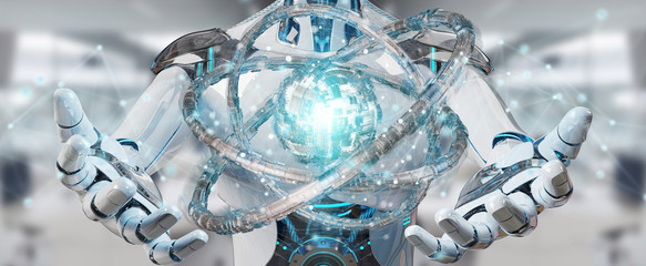 White robot creating future technology structure 3D rendering