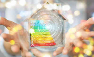 Businesswoman using 3D rendering energy rating chart in a wooden house