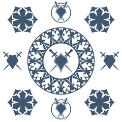 Shield and sword in flower. Blue shield and sword symbol.