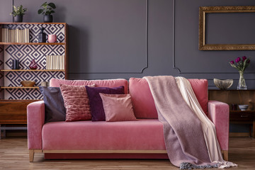 Cushions and blankets on a pink velvet sofa in a luxurious gray living room interior with wooden furniture