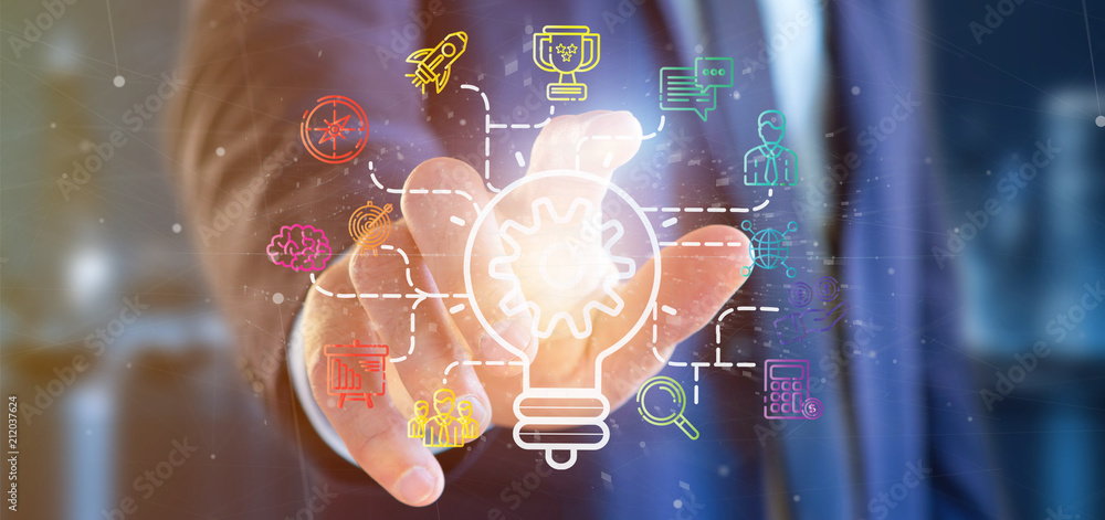 Poster businessman holding a bulb lamp idea concept with start up icon connected 3d rendering