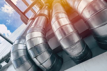 Industrial Pipe. Group of Factory Heat Pipe Water Chilling Air Ventilation transfer metal pipelines...