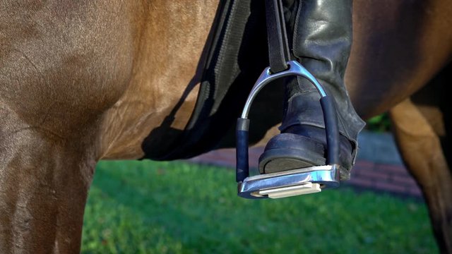 4K, Close-up of the iron stirrups on the saddle of a police riding horse in street. Taiwanese policemen mounted on horses in city. Equestrian policeman on horseback in park. Patrol officer protect-Dan