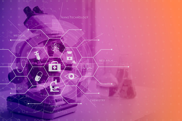 Microscope overlay with medical sign icon illustration art design for wallpaper backdrop in hospital or research lab.