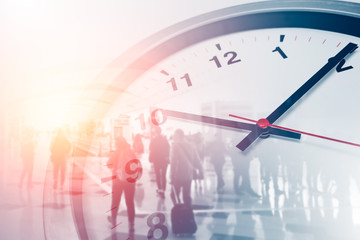 Business times concept people walking overlay with time clock - obrazy, fototapety, plakaty