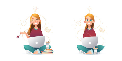 Girl study notebook. Sketch school vector character on white backdrop. Cartoon character children design.