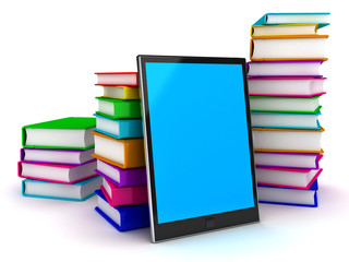 Tablet pc and textbooks. Education online.