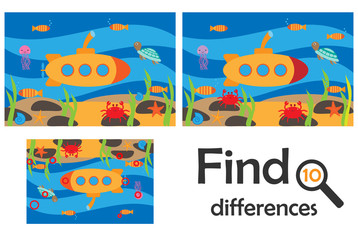 Naklejka premium Find 10 differences, game for children, sea world underwater in cartoon style, education game for kids, preschool worksheet activity, task for the development of logical thinking, vector illustration