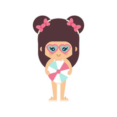 cartoon summer girl in a swimsuit with summer ball and sunglasses
