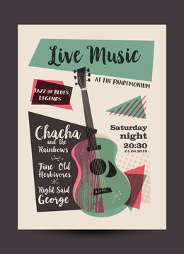 Vintage or retro live music poster design, mid-century modern, guitar and text, eps10 vector