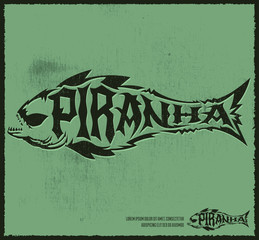 Fototapeta premium Piranha vector lettering with the shape of a fish, hardcore style grunge emblem vector illustration.