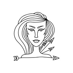 Sagittarius girl portrait. Zodiac sign for adult coloring book. Simple black and white vector illustration.