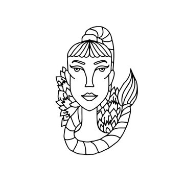 Scorpio girl portrait. Zodiac sign for adult coloring book. Simple black and white vector illustration.