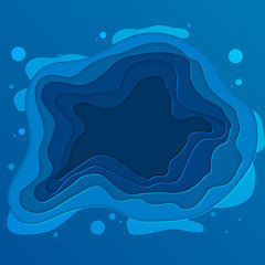 Vector illustration of sea bottom with waves. Paper cut deep style vector. Deep blue marine life, diving concept. 