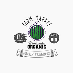 Bio sticker and eco products. Watermelon web element, Isolated Vector.