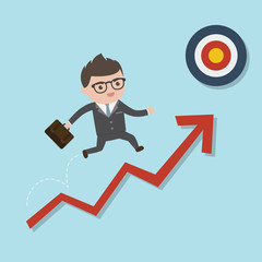 Businessman jump over growth chart. A Young businessman running toward target. Infographic design concept for Business, Banking, Financial , Marketing ,  Advertisement.