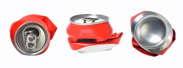 red aluminum can flattened,front,rear view and profile,