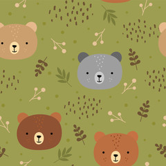 Cute teddy bears background, seamless pattern, hand drawn forest, vector illustration