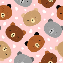 Fototapeta premium Cute teddy bears pattern, seamless background, hand drawn cartoon with dot, vector illustration