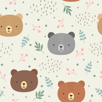 Cute teddy bears background, seamless pattern, hand drawn forest, vector illustration