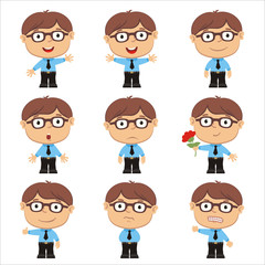 Set of little boy with glasses in different poses and emotion isolated on white background.