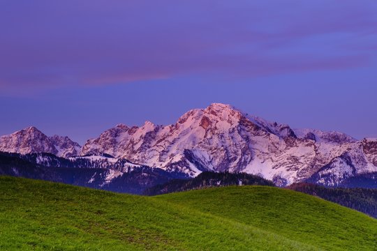 Hoher Goll, dawn, Marktschellenberg, National Park Berchtesgaden, Berchtesgadener Land, Bavaria, Germany, Europe