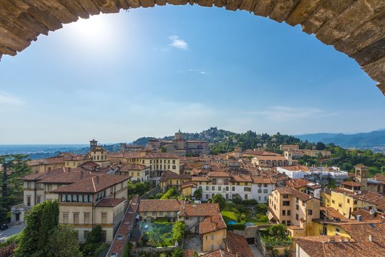 View of Bergamo from the old town tower Campanone Torre Civica, Bergamo, Province of Bergamo, Lombardy, Italy, Europe