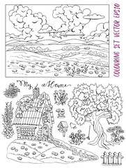 Coloring page with small country cottage, tree, flowers, landscape and bird house. Vintage country set with rural design elements, hand drawn black and white vector illustration 