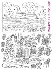 Coloring page with cute house, landscape, conifer, garden furniture and flowers. Vintage country set with rural design elements, hand drawn black and white vector illustration 