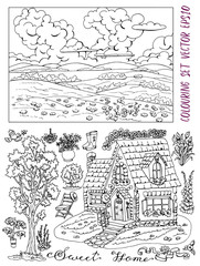 Coloring book page with summer landscape, cottage, tree, flowers and garden objects. Vintage country set with rural design elements, hand drawn black and white vector illustration 